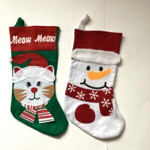 2 Christmas Holiday Hanging Stockings Festive Holiday Decor Snowman Cats